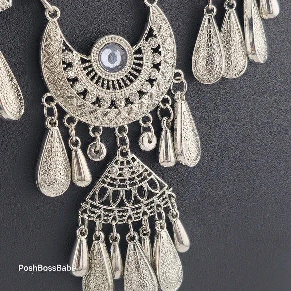 Boho Statement Necklace with Silver-Tone Crescent Medallions – 20-23" Length - Picture 11 of 12